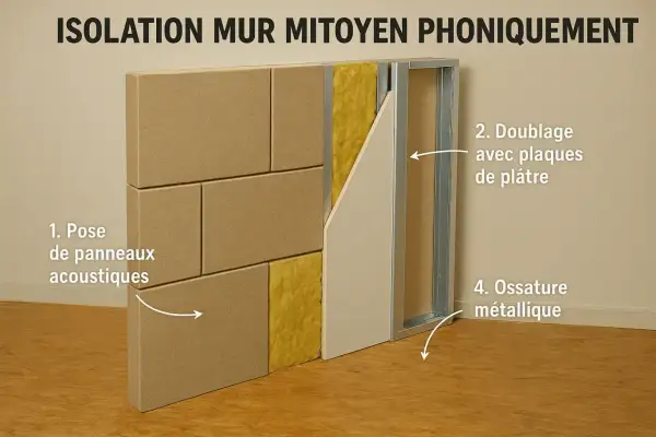 Isolation d'un mur mitoyen : pose de panneaux acoustiques, laine minérale, ossature métallique et plaques de plâtre pour une isolation phonique efficace.