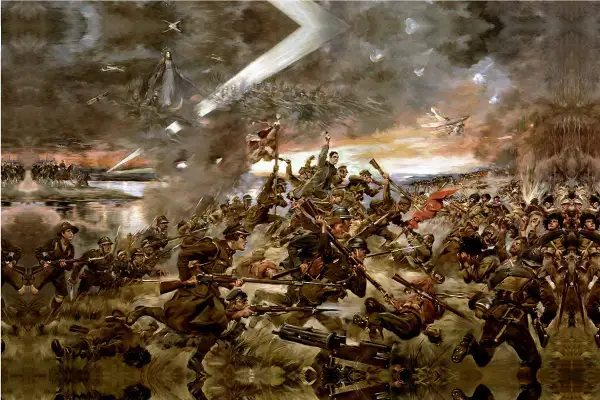 Bitwa nad Wisłą, gdzie Maryja w niebiańskim blasku wspiera walczących żołnierzy.