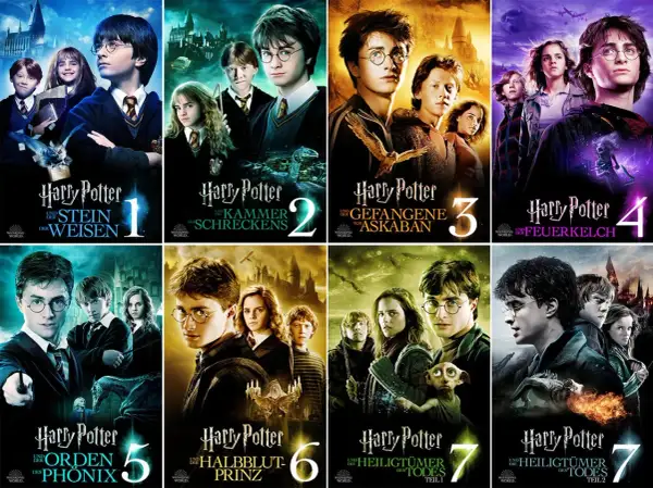 Harry Potter Filme 1-7 zum Streamen: Harry, Ron & Hermine erleben magische Abenteuer.
