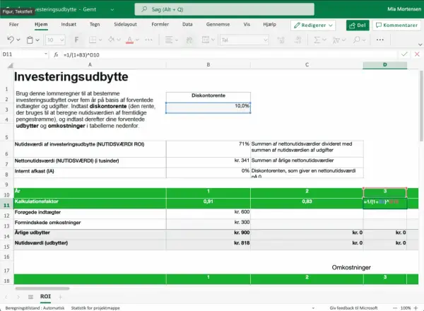 Arkusz kalkulacyjny Excel z tabelą "Investeringsudbytte" i polem "Diskontorente".