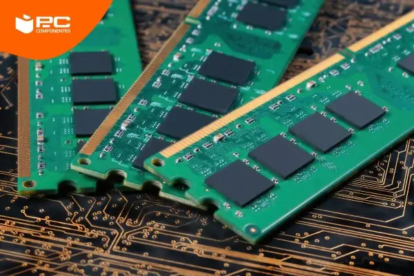 Módulos de memoria RAM verdes con chips negros sobre un circuito impreso dorado.