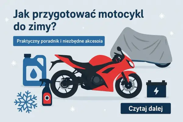 Czerwony motocykl, płyn do konserwacji, spray, akumulator i motocykl pod pokrowcem.
