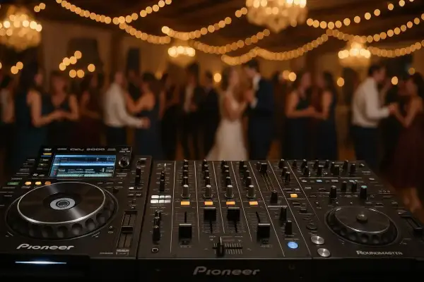 DJ-ski sprzęt na pierwszym planie, w tle rozmyci goście weselni tańczący przy świetle lampek.