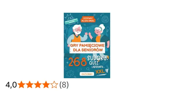 Okładka książki "Gry pamięciowe dla seniorów" z wesołymi postaciami i hasłem "Zachowaj młody umysł".