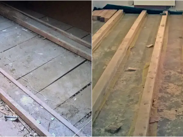 Drewniane belki na starej podłodze, być może z resztkami eternitu. Remont trwa.