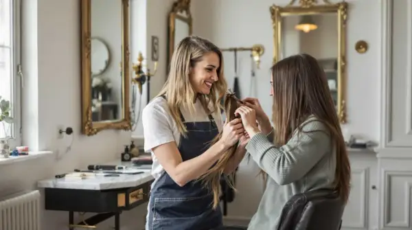 Coiffeuse souriante examine une mèche de cheveux, discutant du type de permanente avec sa cliente assise.