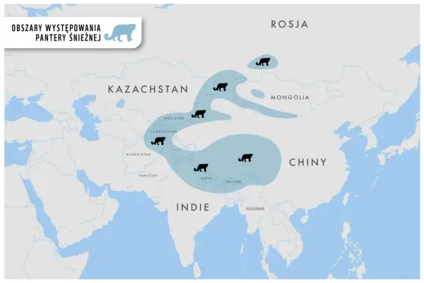 Mapa pokazuje zasięg występowania pantery śnieżnej w Azji. Zwierzęta te zamieszkują wysokie szczyty górskie od Rosji po Indie.