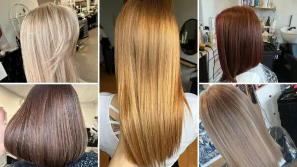 Kolaż prezentuje modne fryzury młodzieżowe damskie: blond, rudy, brązowy i rudy bob.