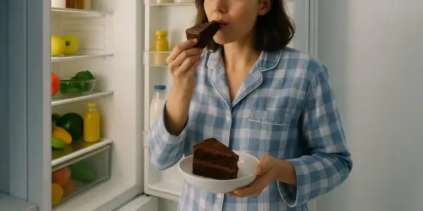 Frau im Schlafanzug isst nachts Hunger mit Schokoladenkuchen aus dem Kühlschrank.