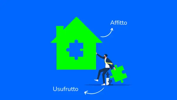 Un uomo con un pezzo di puzzle verde in mano, vicino a una casa verde con un pezzo mancante. L'usufruttuario può affittare.