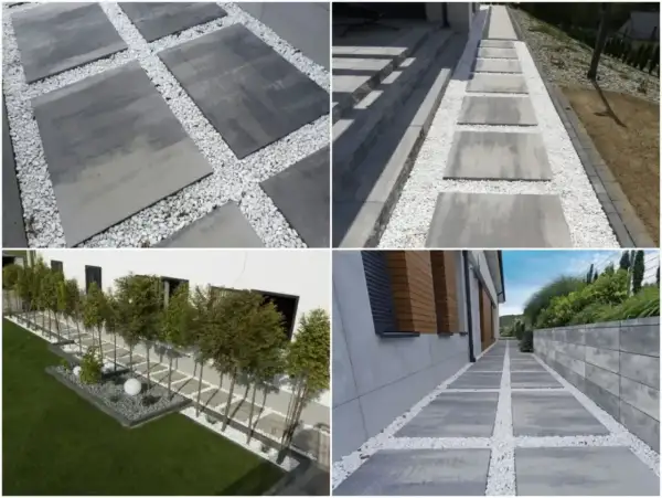 Nowoczesne ścieżki z płyt betonowych i białego żwiru tworzą najtańszą opaskę wokół domu, nadając mu elegancki wygląd.