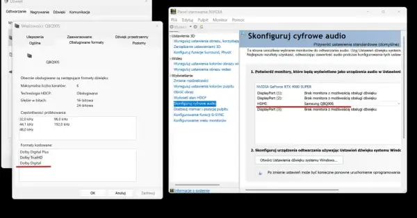 Ustawienia dźwięku w panelu sterowania NVIDIA pokazują monitor Samsung QBQ90S jako urządzenie audio.