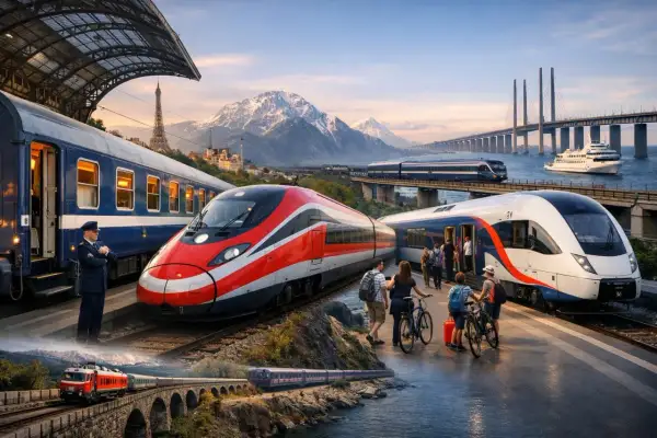 Reise mit dem hamburg budapest zug durch malerische Landschaften, vorbei an Bergen und Brücken.