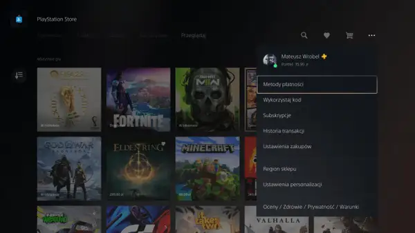 Menu PlayStation Store z widocznym profilem użytkownika i opcjami: Metody płatności, Wykorzystaj kod.