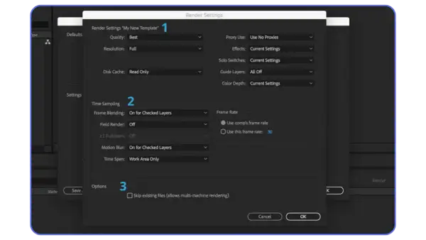 After Effects render settings: Quality, Resolution, Disk Cache, Time Sampling, Frame Rate, and Options. Learn how to render in After Effects.