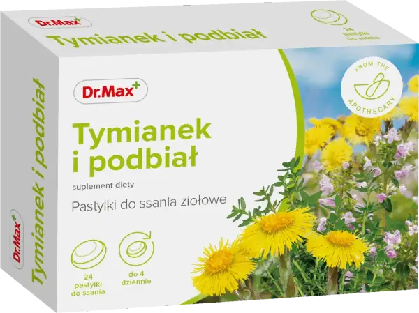 Dr.Max Tymianek i podbiał - ziołowe pastylki do ssania, idealne co na ból gardła. Opakowanie zawiera 24 sztuki.