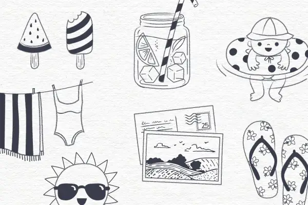 Un dibujo de verano con helados, toalla, bañador, sol con gafas, jarra de limonada, bebé en flotador, postales y chanclas.