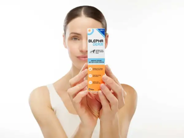 Kobieta prezentuje krem pod oczy BLEPHA DERM, który łagodzi podrażnienia i nawilża skórę.