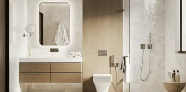 Aménagement petite salle de bain 4m2 : meuble vasque bois, miroir rétroéclairé, douche moderne.