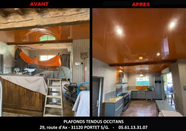 Avant/après d'une cuisine : l'ancien plafond brut laisse place à un magnifique plafond tendu orange brillant, transformant l'espace.