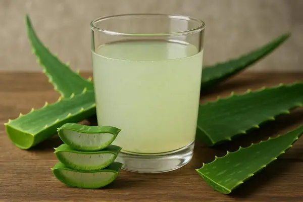Ein Glas Aloe Vera Trinkgel mit frischen Aloe Vera Blättern. Die Wirkung von Aloe Vera Trinkgel ist bekannt für seine gesundheitlichen Vorteile.