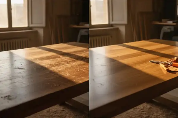 Prima e dopo: come trasformare un tavolo in legno graffiato in una superficie lucida e rinnovata con uno scalpello e un panno.