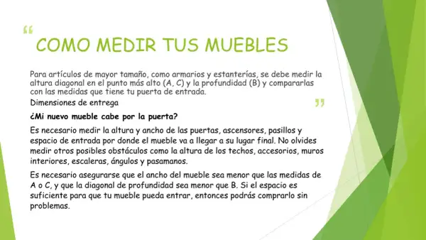 Guía sobre como se mide un mueble para asegurar que quepa por puertas y pasillos. Incluye medidas de altura, ancho y diagonal.