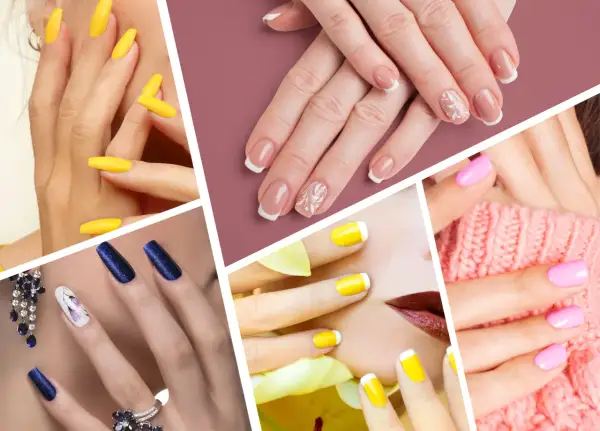 Collage di mani con unghie decorate: giallo vivace, french manicure elegante, blu glitterato, rosa pastello e unghie con disegni floreali.
