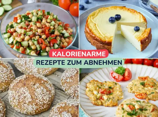 Vier Bilder zeigen gesunde Gerichte: Kichererbsen-Salat, Käsekuchen, Vollkornbrötchen und herzhafte Muffins. Perfekt für ein kalorienarmes Abendessen zum Abnehmen.