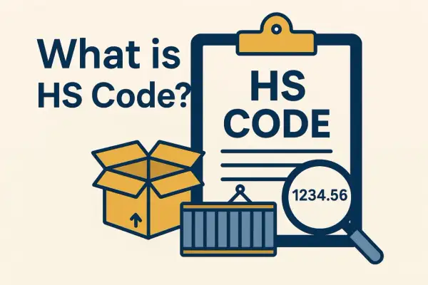 Kartonowe pudełko, kontener i lupa z numerem 1234.56 obok dokumentu z napisem HS CODE. To wszystko wyjaśnia, czym jest kod HS.