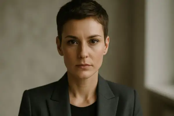 Portret osoby o wyrazistej, androgenicznej urodzie w eleganckiej marynarce.