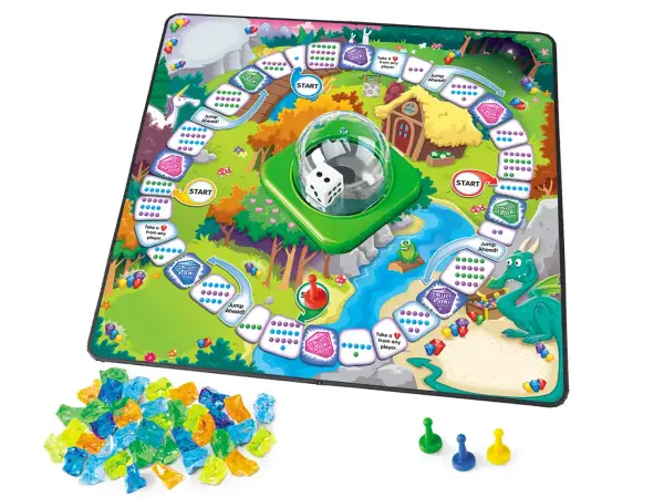 Tablero de juego infantil con dragón, unicornio y gemas de colores.