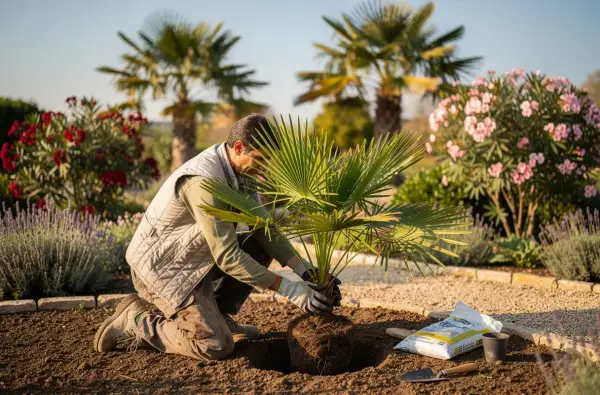 Un homme agenouillé est en train de planter un palmier dans un jardin ensoleillé, entouré de fleurs roses et de lavande.