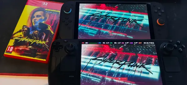 Caja de Cyberpunk 2077 Ultimate Edition para Switch junto a una Steam Deck y una consola portátil mostrando el juego. ¡Ideal para comparar los requisitos!