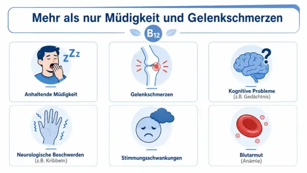 Vitamin B12-Mangel kann zu Schmerzen in den Beinen, Müdigkeit, neurologischen Beschwerden und mehr führen.