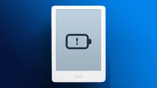 Écran de Kindle affichant une icône de batterie vide avec un point d'exclamation. Ma Kindle ne charge plus, c'est frustrant !
