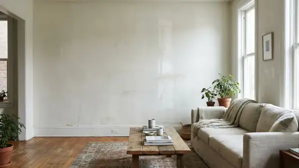 Soggiorno con divano beige, tavolino in legno e piante. Pareti chiare, ideali per il periodo migliore per imbiancare casa, con luce naturale dalle finestre.