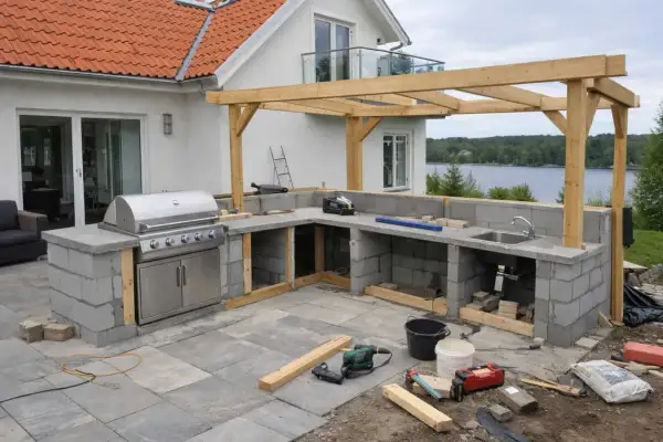 Bygga grillbord utomhus med betongblock, integrerad grill och diskho. Träkonstruktion för tak.