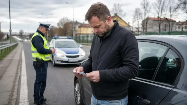 Mężczyzna czyta dokument, gdy policjant stoi obok radiowozu. Może to być pozew w trybie wyborczym, który wpłynął na jego życie.