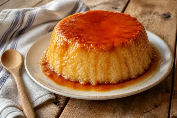 Un délicieux gâteau de riz onctueux, nappé d'un caramel doré, prêt à être dégusté.
