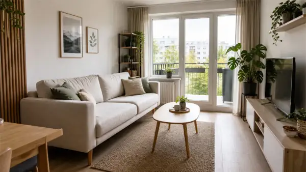 Przytulny salon 20m2 aranżacja: jasna sofa, drewniany stolik, rośliny i widok na zieleń.