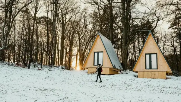 Deux tiny houses à l'année dans un paysage enneigé, entourées d'arbres. Une personne marche dans la neige.