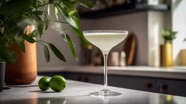 Ein cremiger Daiquiri in einem eleganten Glas, daneben zwei Limetten. Ein Hauch von Grün und die Frage: was ist Daiquiri?