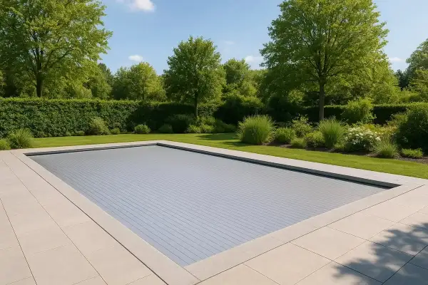 En elegant pool med ett modernt, grått poolskydd. En vacker trädgård med gröna häckar och träd ramar in poolen, perfekt för att bygga eget poolskydd.