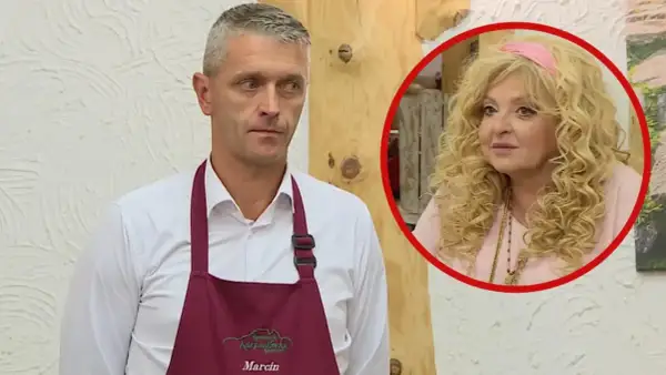 Marcin w fartuchu z napisem "Karpielówka" obok Magdy Gessler.