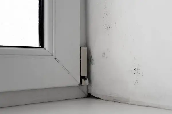 Pleśń na ścianie przy białym oknie.