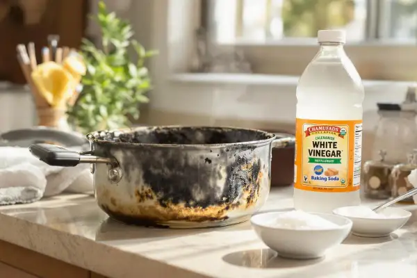 Comment nettoyer une casserole brûlée vinaigre blanc : une casserole très sale à côté d'une bouteille de vinaigre blanc et de bicarbonate de soude.