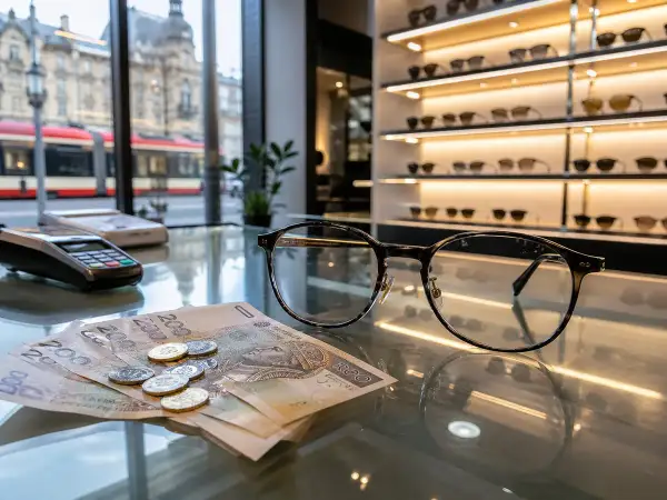 Okulary na pierwszym planie, pieniądze i terminal płatniczy na stole. W tle półki z okularami. Sprawdź vision express szkła cena.