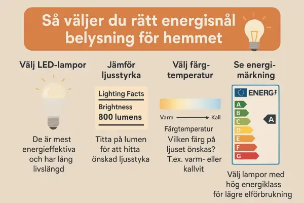Välj en energisnål lampa: LED är effektivt. Jämför ljusstyrka (lumen), färgtemperatur och energimärkning (A är bäst).