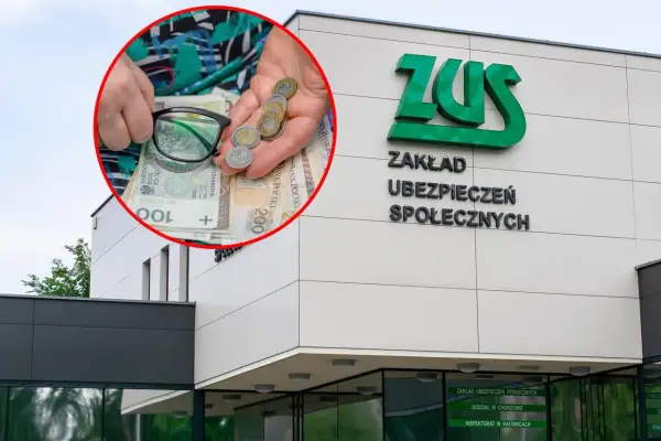Ręce z pieniędzmi i okularami przed budynkiem ZUS. Dowiedz się, jak obliczyć składkę zdrowotną od emerytury.